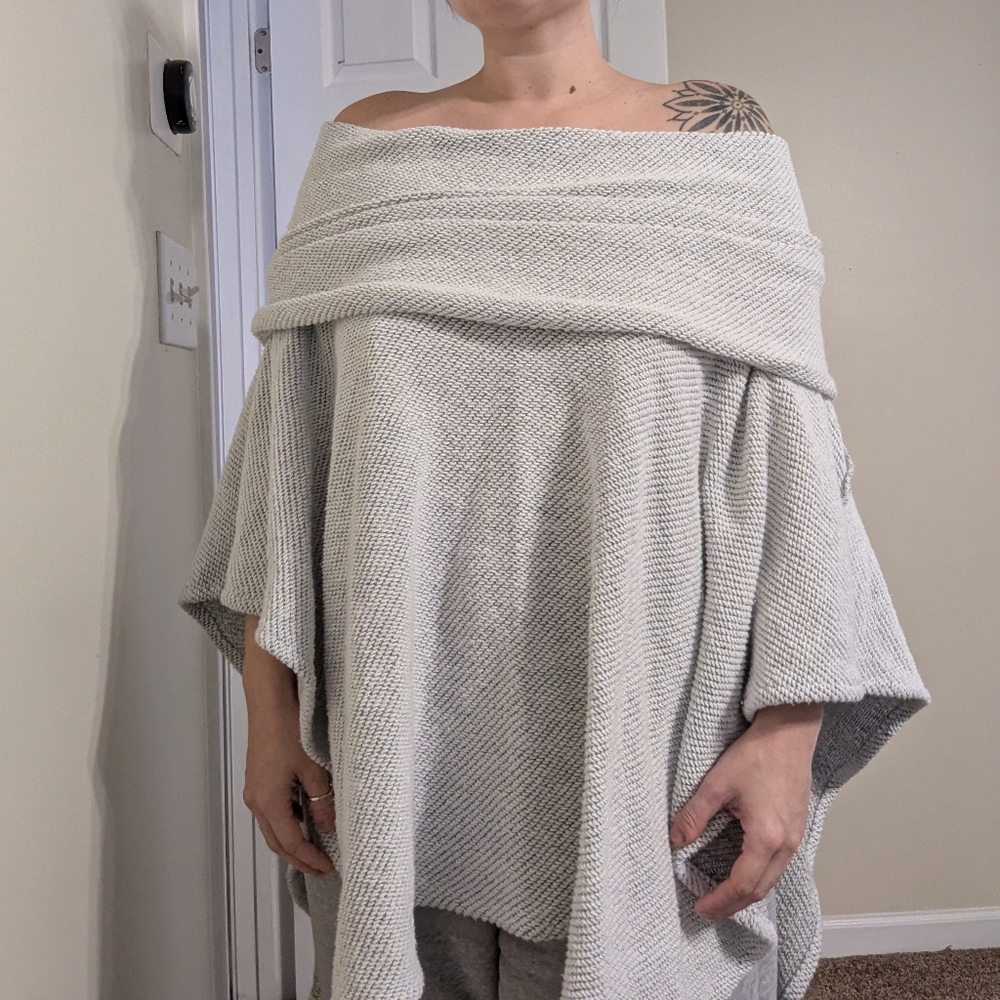 Elegant Off-Shoulder Cream Asymmetrical Sweater Shawl Poncho Oversize Knit